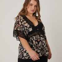 Curve Chiffon Floral Lace Blouse Plus Size Tops Black 1XL -2020AVE