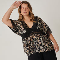 Curve Chiffon Floral Lace Blouse Plus Size Tops -2020AVE