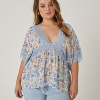 Curve Chiffon Floral Lace Blouse Plus Size Tops Blue 1XL -2020AVE