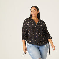 Curve Chiffon Floral Shirt Plus Size Tops Black 1XL -2020AVE