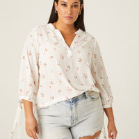 Curve Chiffon Floral Shirt Plus Size Tops Ivory 1XL -2020AVE
