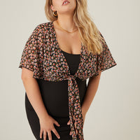 Curve Chiffon Floral Tie Top Plus Size Tops Black 1XL -2020AVE