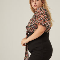 Curve Chiffon Floral Tie Top Plus Size Tops -2020AVE