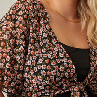 Curve Chiffon Floral Tie Top Plus Size Tops -2020AVE