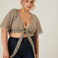 Curve Chiffon Floral Tie Top Plus Size Tops Green 1XL -2020AVE