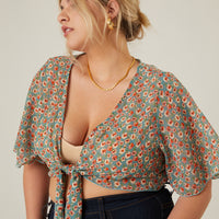 Curve Chiffon Floral Tie Top Plus Size Tops -2020AVE