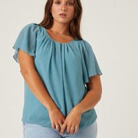 Curve Chiffon Flutter Sleeve Blouse Plus Size Tops Blue 1XL -2020AVE