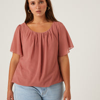 Curve Chiffon Flutter Sleeve Blouse Plus Size Tops Mauve 1XL -2020AVE