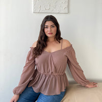 Curve Chiffon Peplum Off Shoulder Blouse Plus Size Tops Brown 1XL -2020AVE