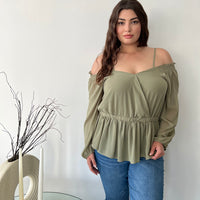 Curve Chiffon Peplum Off Shoulder Blouse Plus Size Tops Olive 1XL -2020AVE
