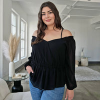 Curve Chiffon Peplum Off Shoulder Blouse Plus Size Tops Black 1XL -2020AVE