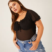 Curve Chiffon Smocked Back Blouse Plus Size Tops Black 1XL -2020AVE