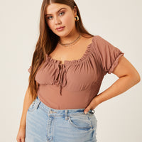 Curve Chiffon Smocked Back Blouse Plus Size Tops Brown 1XL -2020AVE