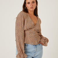 Curve Chiffon Spotted Long Sleeve Blouse Plus Size Tops -2020AVE