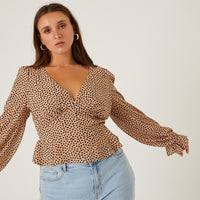Curve Chiffon Spotted Long Sleeve Blouse Plus Size Tops Taupe 1XL -2020AVE