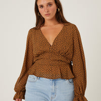 Curve Chiffon Spotted Long Sleeve Blouse Plus Size Tops -2020AVE