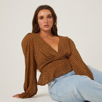 Curve Chiffon Spotted Long Sleeve Blouse Plus Size Tops -2020AVE