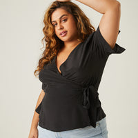 Curve Chiffon Wrap Top Plus Size Tops Black 1XL -2020AVE