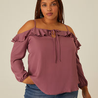 Curve Cold Shoulder Ruffle Blouse Plus Size Tops Purple 1XL -2020AVE