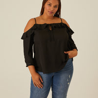 Curve Cold Shoulder Ruffle Blouse Plus Size Tops Black 1XL -2020AVE