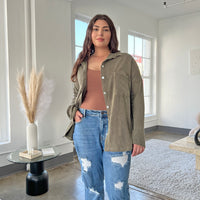 Curve Comfy Knit Button Up Shirt Plus Size Tops Olive 1XL -2020AVE