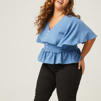 Curve Crepe Peplum Blouse Plus Size Tops Blue 1XL -2020AVE