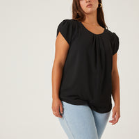 Curve Crinkle Cap Sleeve Blouse Plus Size Tops Black 1XL -2020AVE