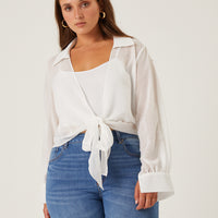 Curve Crinkle Sheer Tie Front Top Plus Size Tops White 1XL -2020AVE