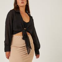 Curve Crinkle Sheer Tie Front Top Plus Size Tops Black 1XL -2020AVE