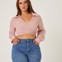 Curve Crinkle Sheer Tie Front Top Plus Size Tops Pink 1XL -2020AVE