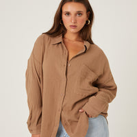 Curve Crinkled Button Up Shirt Plus Size Tops Brown 1XL -2020AVE