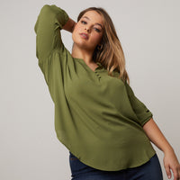 Curve Cuffed Sleeve Chiffon Blouse Plus Size Tops Olive 1XL -2020AVE