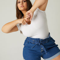 Curve Denim Tie Belt Shorts Plus Size Bottoms -2020AVE