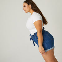 Curve Denim Tie Belt Shorts Plus Size Bottoms -2020AVE