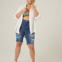Curve Distressed Bermuda Denim Shorts Plus Size Bottoms Medium Blue 1XL -2020AVE