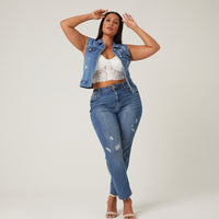 Curve Distressed Denim Vest Plus Size Outerwear -2020AVE