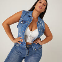 Curve Distressed Denim Vest Plus Size Outerwear -2020AVE