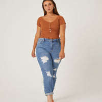 Curve Distressed Detail Mom Jeans Plus Size Bottoms -2020AVE