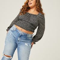 Curve Ditsty Floral Long Sleeve Top Plus Size Tops Black 1XL -2020AVE