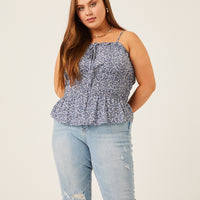 Curve Ditsy Floral Smocked Tank Plus Size Tops -2020AVE