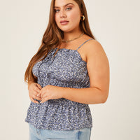 Curve Ditsy Floral Smocked Tank Plus Size Tops Blue 1XL -2020AVE