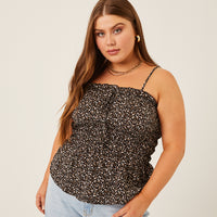 Curve Ditsy Floral Smocked Tank Plus Size Tops Black 1XL -2020AVE