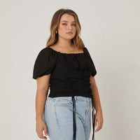 Curve Double Ruched Chiffon Top Plus Size Tops Black 1XL -2020AVE