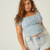 Curve Double Ruched Floral Top Plus Size Tops Blue 1XL -2020AVE