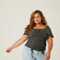 Curve Double Ruched Floral Top Plus Size Tops Black 1XL -2020AVE