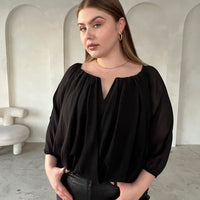 Curve Draped Chiffon Blouse Plus Size Tops Black 1XL -2020AVE