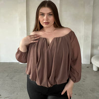 Curve Draped Chiffon Blouse Plus Size Tops Mocha 1XL -2020AVE