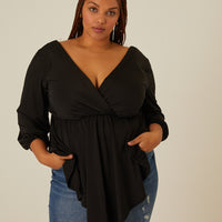 Curve Drapey Surplice 3/4 Sleeve Top Plus Size Tops Black 1XL -2020AVE
