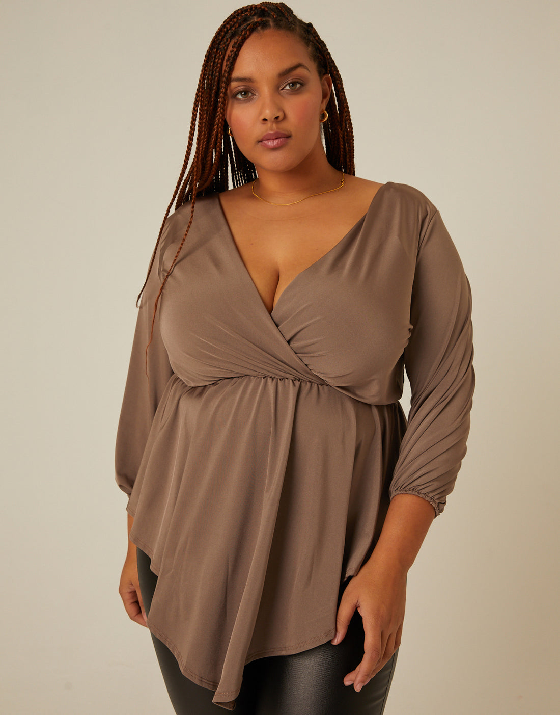 Curve Drapey Surplice 3/4 Sleeve Top Plus Size Tops Brown 1XL -2020AVE
