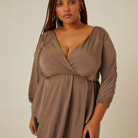 Curve Drapey Surplice 3/4 Sleeve Top Plus Size Tops Brown 1XL -2020AVE
